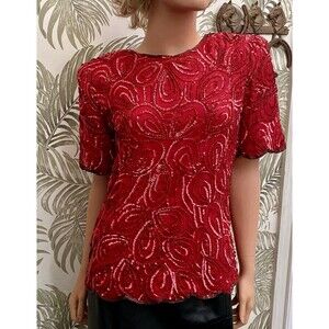 Silk Sequin Top Red Y2K Bling Beaded  Womens Medium Christmas  Event Glam